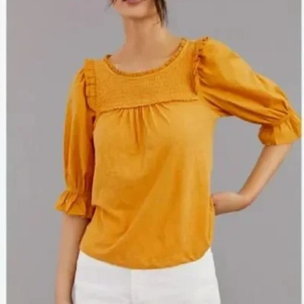 Anthropologie Smocked Short Puff Sleeve Shirt in Mustard Yellow M